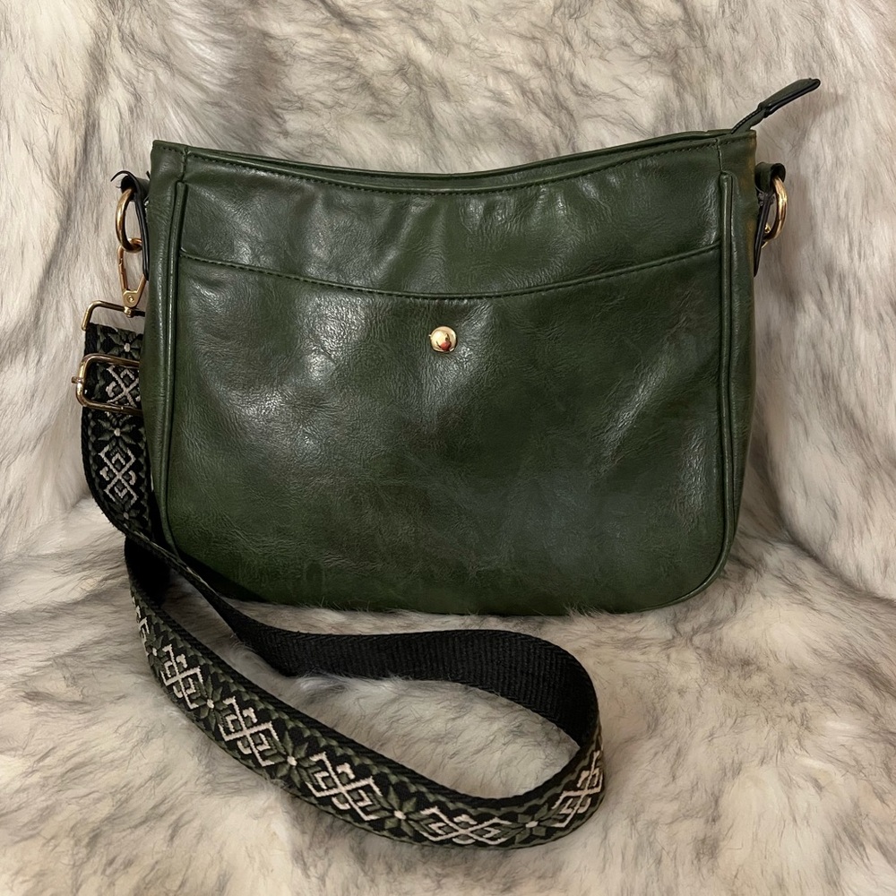 Bonita Leather Sonya faux leather green crossbody embroidered strap bag boho